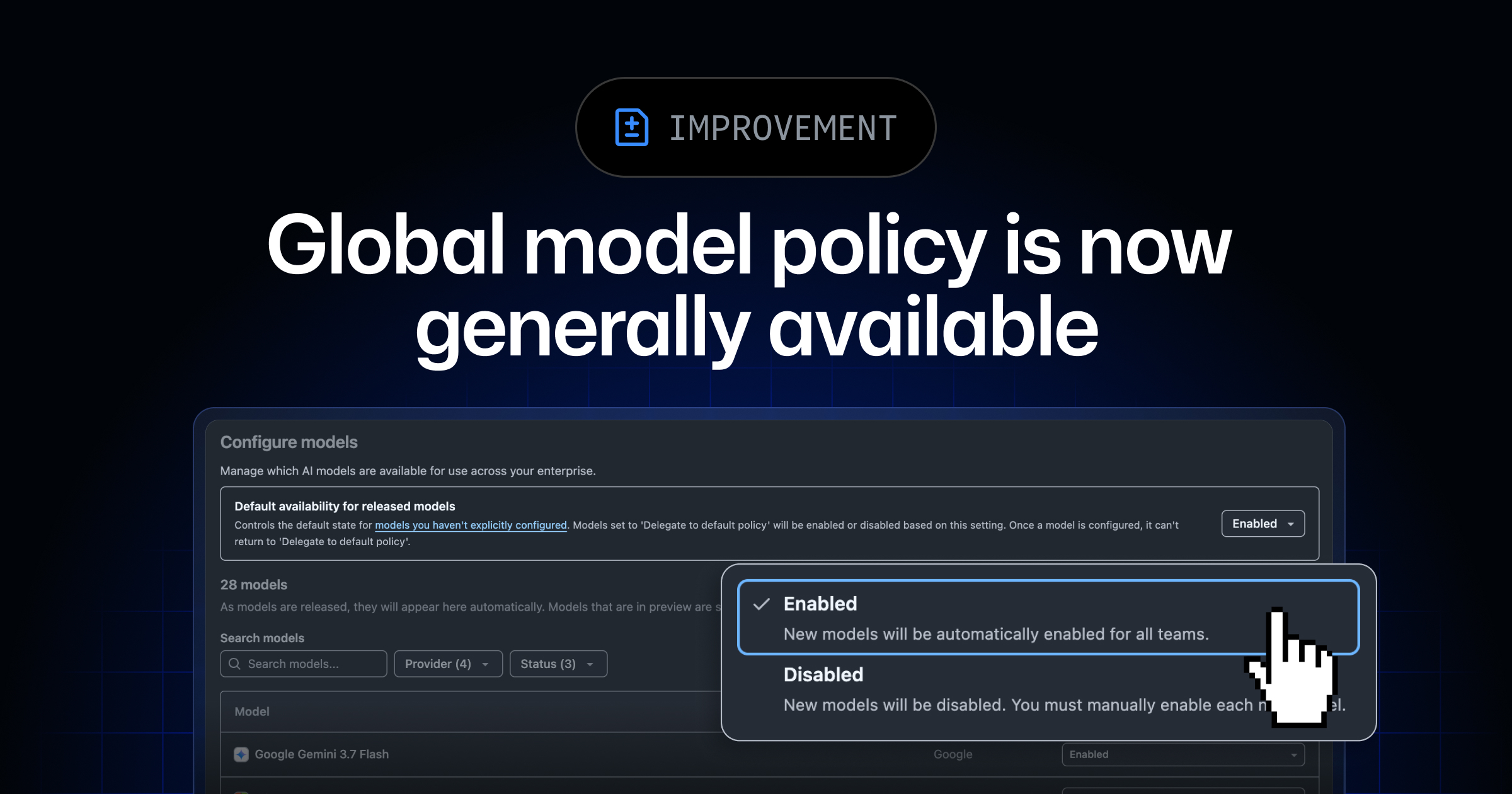 Copilotの「Configure models」設定画面。Default availability for released models の既定ポリシーと、各モデルのEnabled/Disabled/Delegate状態を表示