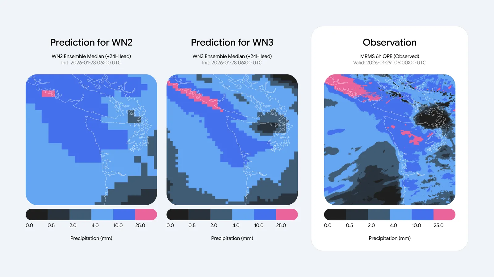 中期の降水確率予報の比較。左からWeatherNext 2（25km）、WeatherNext 3（11km）、衛星実況。WeatherNext 3は対流帯の境界を実況に近く再現している